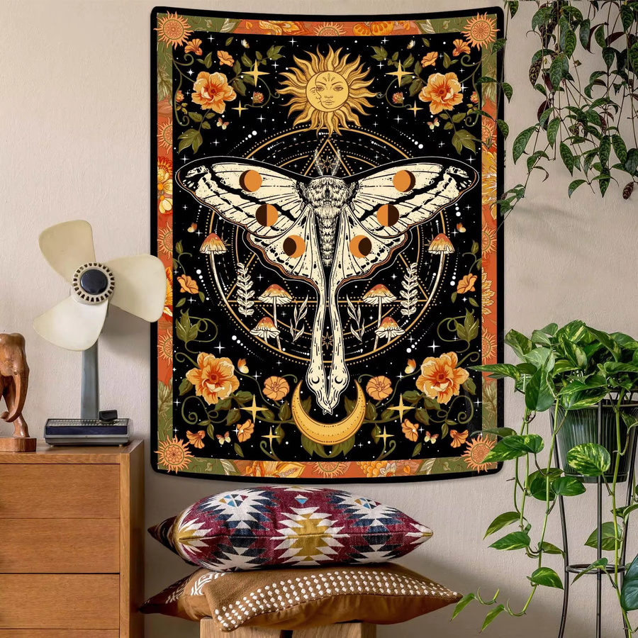 VIKAMA Retro-Wandteppich mit Motten- und Mandala-Motiv in Multicolour, ästhetische Wanddekoration mit geometrischem und abstraktem Design, B: 60 cm, H: 40 cm - Bild 2