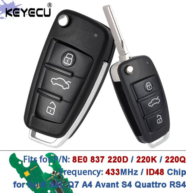 KEYECU Funkschlüssel mit ID48 Chip 8E0 837 220 Q / 8E0 837 220 K / D Flip Remote Key Fob für Audi A6L Q7 A4 Avant S4 Quattro RS4 2005-2009 in Schwarz - Bild 1