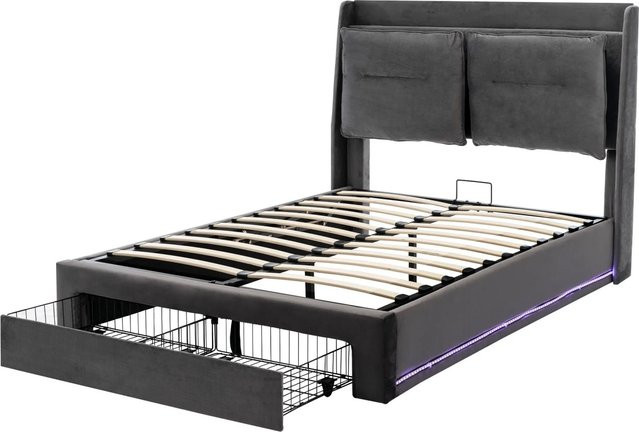 okwish Polsterbett aus Samt mit LED-Lichtleiste und Stauschubladen, B/T: 140 x 190 cm, Grau/Beige - Bild 1