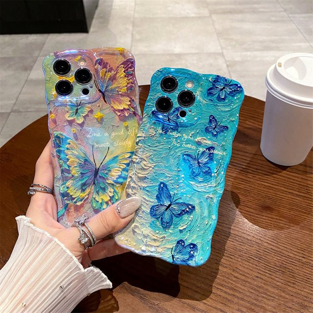Stoßfeste iPhone Handyhülle mit Retro-Ölgemälde-Schmetterlings-Design und gewelltem Rand in Multicolour - Bild 1