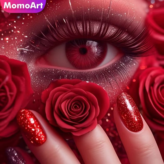 Momoart DIY Diamant-Stickerei Augen-Porträt mit Schmetterling und Blumen, Voll-Diamant-Mosaik in Rot, B/B/H: 20 x 20 x 20 cm - Bild 1