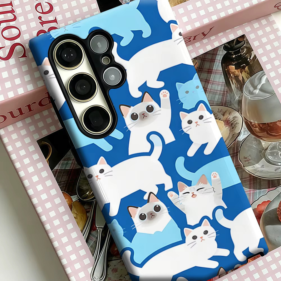 Stoßfeste Doppelschicht Handyhülle mit Katzen-Design für Samsung Galaxy S26 S25 S24 S23 Ultra Plus in Blau-Weiß - Bild 4