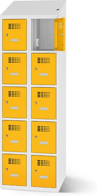 rotstahl Fächerschrank mit Ladefunktion und 10 Fächern in Gelb mit lichtgrauem Korpus, B: 60 cm, H: 200 cm - Bild 1