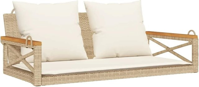 furnicato Hängebank aus PE-Rattan und Akazienholz mit Kissen Beige B/T/H: 109 x 62 x 40 cm - Bild 1