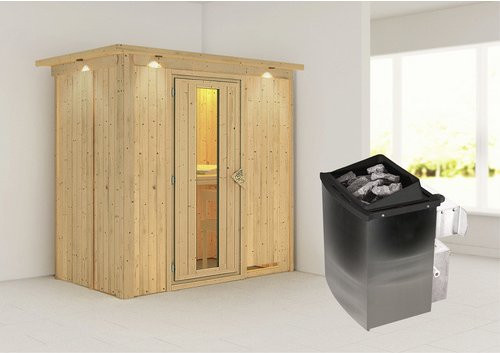 Karibu Sauna Pärnu aus Fichtenholz mit 9 kW Saunaofen und integrierter Steuerung für 2 Personen, beige - Bild 1