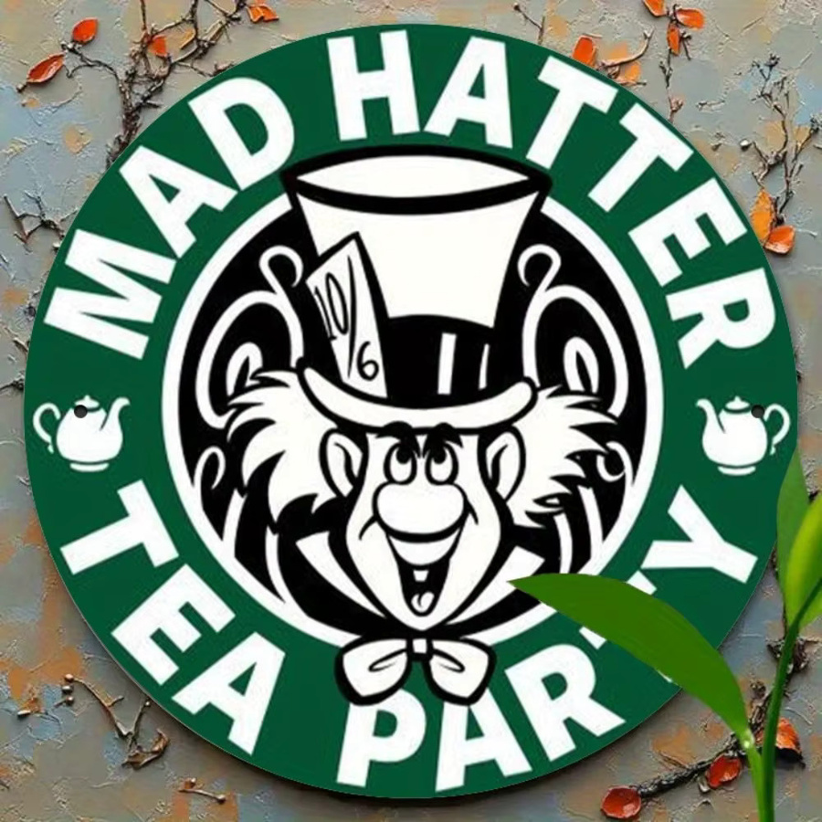 Mad Hatter Tea Party Metallblechschild von Potdemiel, rundes Wandkunst-Schild in Grün und Weiß, Durchmesser: 20 cm - Bild 5