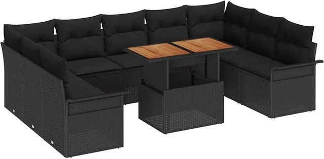 vidaXL Garten-Sofa-Set 10-teilig in Schwarz mit Kissen und Stauraumfunktion, U-Form aus Poly-Rattan und pulverbeschichtetem Stahl - Bild 1