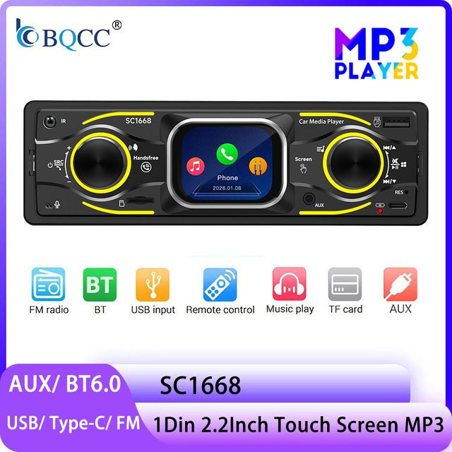 BQCC Auto MP3-Player mit 2,2 Zoll HD Touchscreen, Bluetooth 6.0, AUX, USB und Typ-C, Schwarz mit 7 Farben Lichteffekten - Bild 1