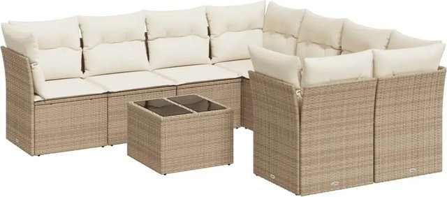vidaXL 9-tlg Garten-Sofagarnitur aus Poly-Rattan mit Kissen in Beige und Cremeweiß - Bild 1