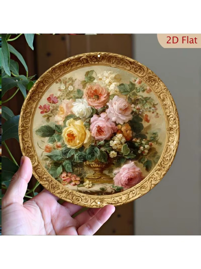 Rundes Metallschild mit Vintage-Pfingstrosen-Blumenmotiv als botanische Wanddekoration, Mehrfarbig, Durchmesser: 20,3 cm - Bild 5