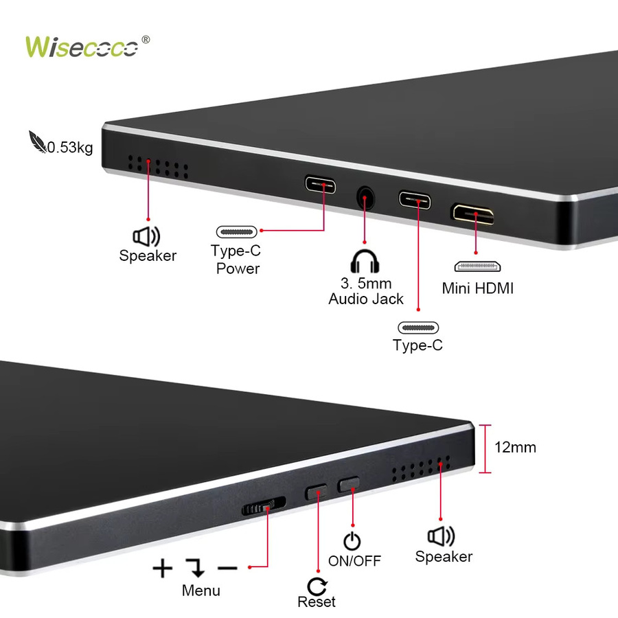 Wisecoco 9 Zoll Tragbarer Monitor mit 2K Auflösung 2560x1600, IPS Touchscreen, 500Cd/m², USB-C und HDMI, Schwarz - Bild 3