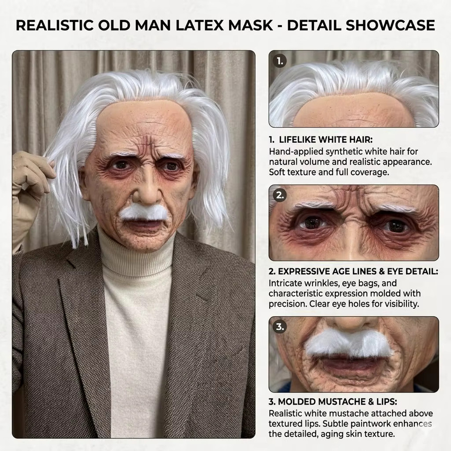 patygr Alter-Mann-Cosplay-Maske, Weißes Haar, Zubehör, Erwachsenengröße - Bild 4