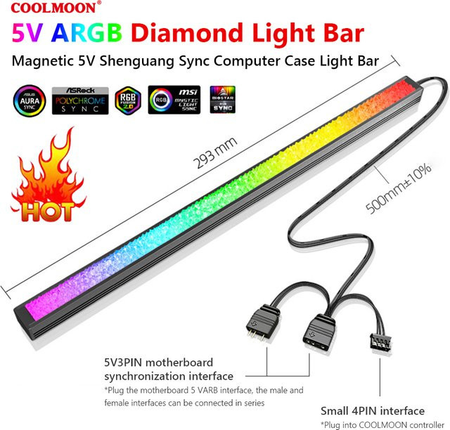 COOLMOON ARGB LED Strip Light RGBIC Diamond Magnetic Atmosphäre-Beleuchtung für PC Computergehäuse, 5V, Multicolour, Transparent - Bild 1