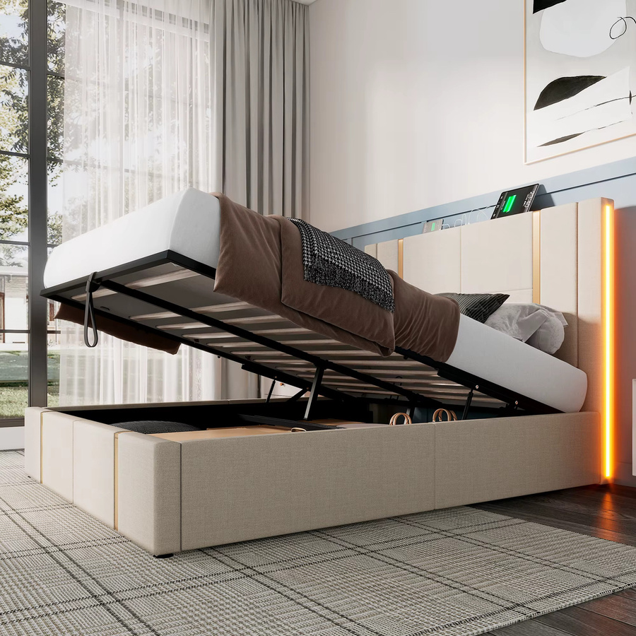 KOMHTOM Doppelbett mit Stauraum und LED-Beleuchtung, Beige, B/T: 180 x 200 cm, mit USB Type C Ladefunktion und App-Steuerung - Bild 2
