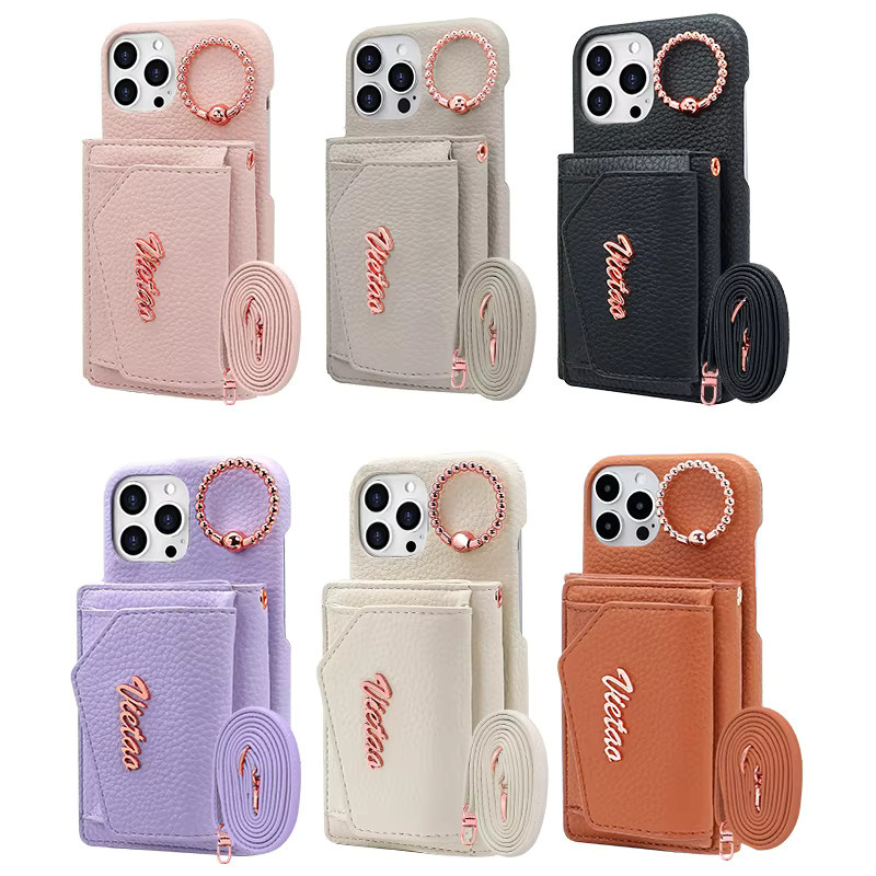 VIETAO Crossbody Handyhülle aus PU Leder mit Brieftasche und Ringhalter für iPhone 15 14 13 Pro Max in Weiß oder Pink - Bild 1