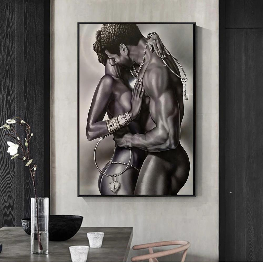 GIEKIKI Leinwandmalerei Modern Nacktes Paar Liebhaber Schwarzer Afrikanischer Mann und Frau Umarmung Wandkunst Bild Druck Breite: 30 cm, Höhe: 45 cm - Bild 4