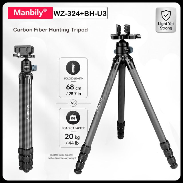 Manbily WZ-324 Professionelles Jagd-Stativ aus Kohlefaser mit 44-mm-Kugelkopf BH-U3 in Schwarz - Bild 1