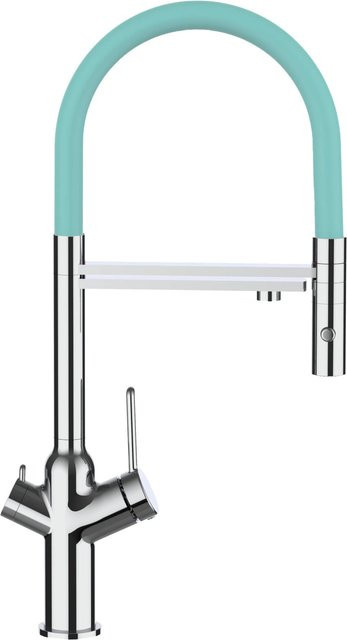 VIZIO Küchenarmatur mit 4-Wege-Wasserhahn, 360 Grad schwenkbarer Auslauf und abnehmbarer 2-Strahl Handbrause, Verchromt, Türkis - Bild 1