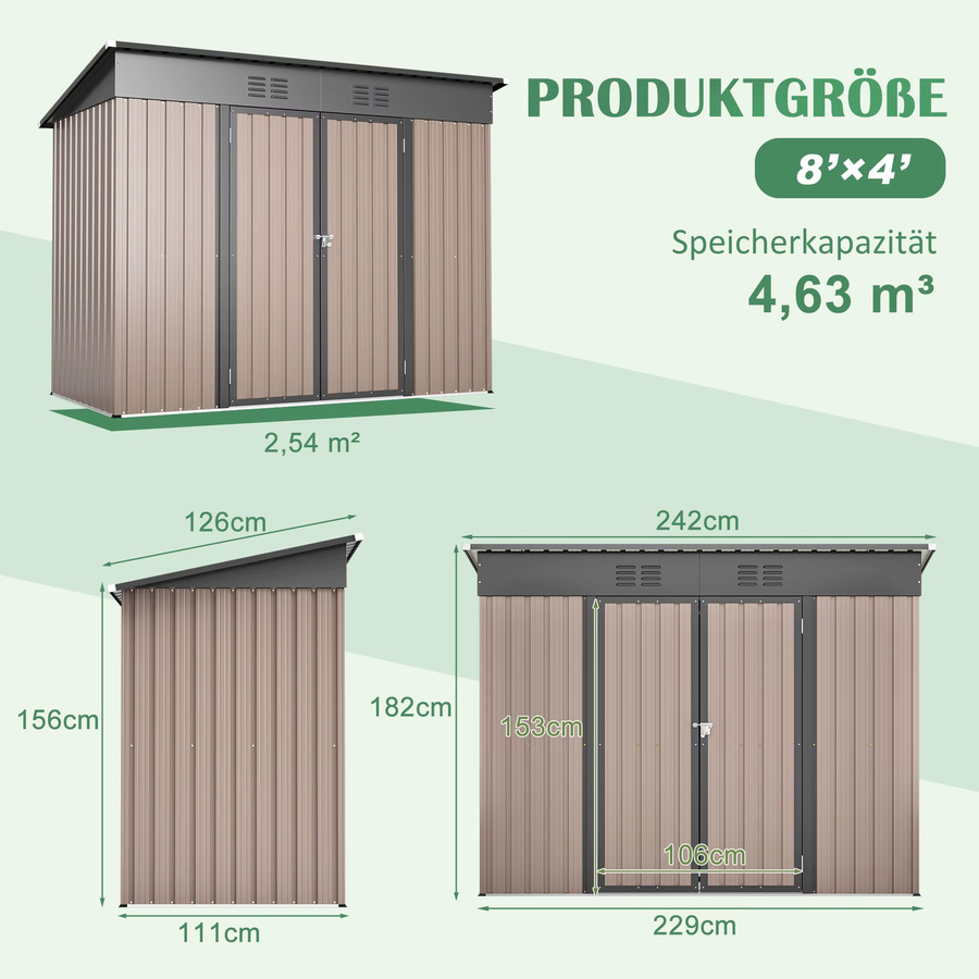 Svintora Metall-Geräteschuppen in Braun mit stabilem Fundamentrahmen, Wetterfester Outdoor-Lagerschrank für den Garten, B/T/H: 242 x 126 x 182 cm - Bild 4