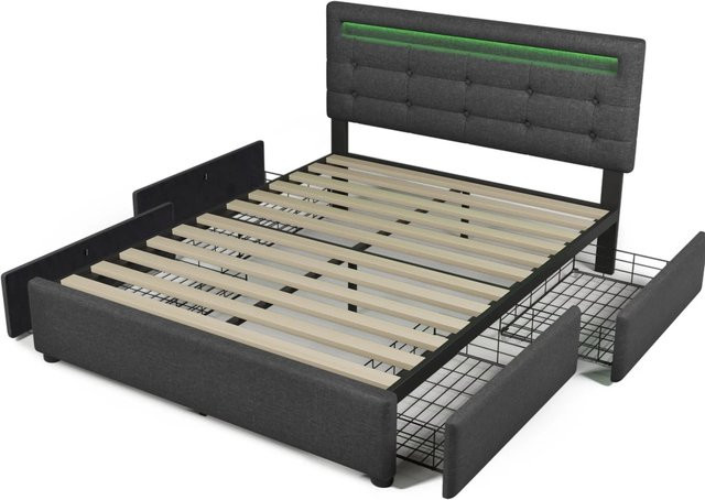 okwish Polsterbett mit LED-Beleuchtung und Schubladen in Grau für Kinderzimmer und Schlafzimmer, B/T: 140 x 200 cm - Bild 1