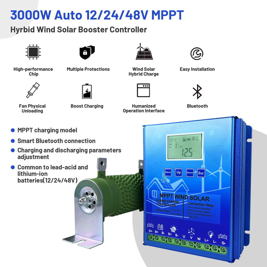 HXCONTROLLER MPPT Hybrid Wind-Solar-Laderegler 2000W 3000W für 12V/24V/48V Windturbinen und Solarpanels in Blau - Bild 5