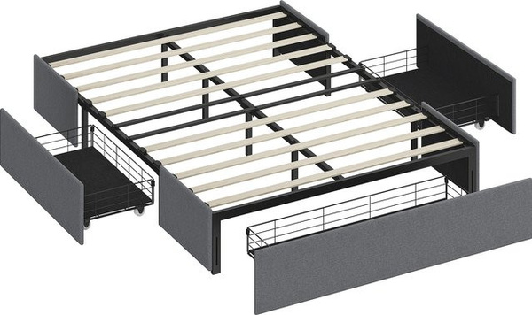 HOMCOM Doppelbett mit Stauraum und 3 Schubladen in Grau, gepolstertes Bettgestell mit LVL-Lattenrost in Leinenoptik, B/T/H: 140 x 190 cm
