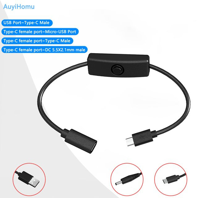 AuyiHomu USB-C Stromverlängerungskabel mit Ein/Aus-Schalter, USB-C Stecker und Buchse, Micro-USB sowie DC 5,5x2,1mm Anschluss, Schwarz, 5V - Bild 1