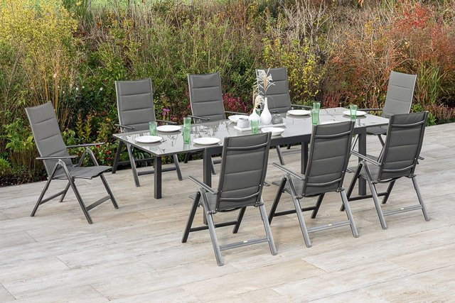 Merxx Gartenmöbelset Taviano in Grau/Braun, 9-teiliges Set mit Semi-Ausziehtisch aus Aluminium, Textil und Sicherheitsglas für Garten und Terrasse, B/T/H: 220 x 110 x 75 cm - Bild 1
