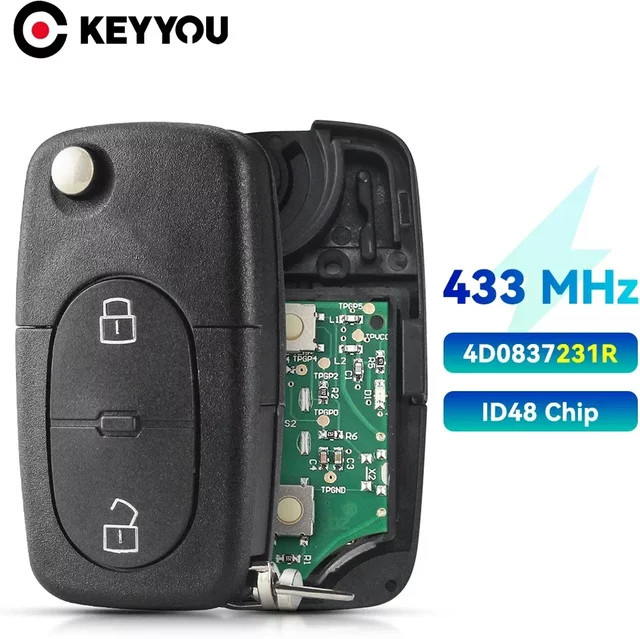 Keyyou Remote Autoschlüssel mit 2 Knöpfen, Switch Blade Faltklinge, 433MHz ID48 Chip für Audi A3 A4 A6 A8 B6, Schwarz - Bild 1