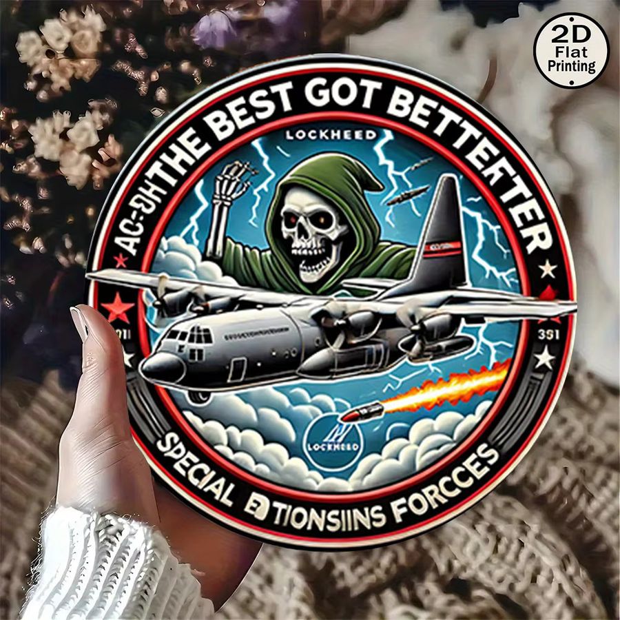 Potdemiel Vintage Metallwandschild rund mit Special Forces Abzeichen und Lockheed C-130 Hercules Design, Durchmesser: 20,32 cm - Bild 5