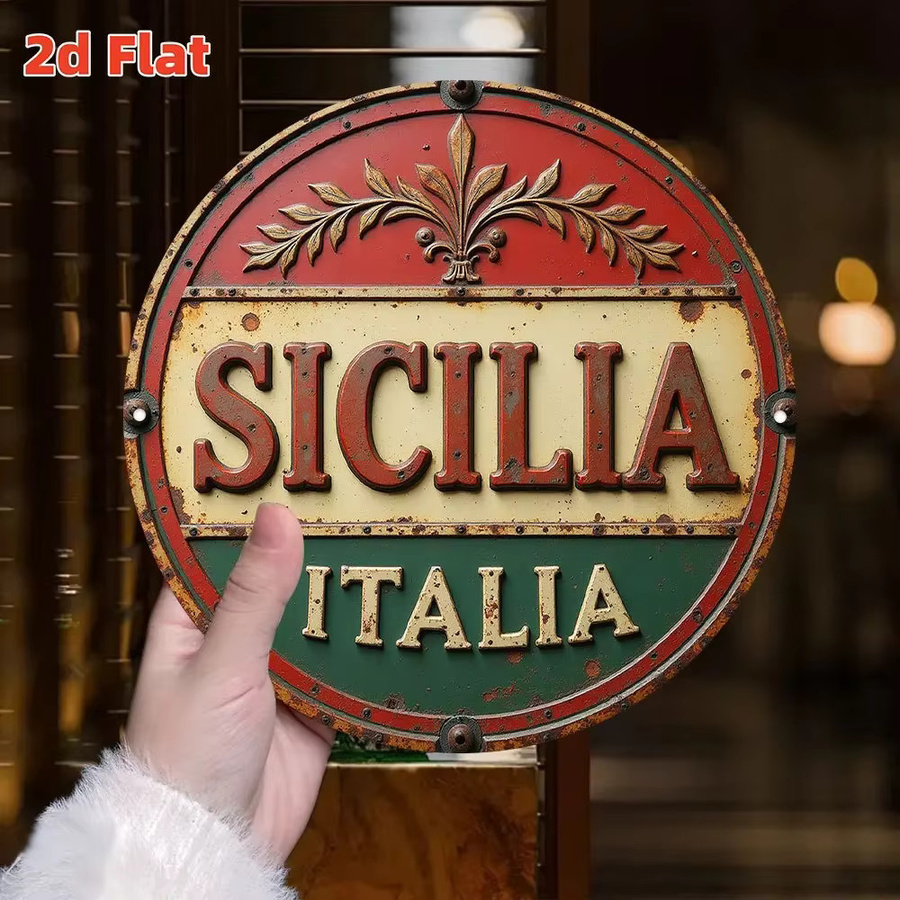 Potdemiel Vintage-Wandkunst aus Metall Sicilia Italia – 2D-Flachschild aus Aluminium in Rot zur Wandmontage - Bild 3