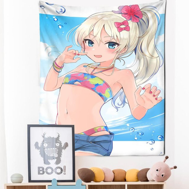Anime Wandteppich Super Six mit Kawaii Mädchen Illustration im Boho Stil, B/H: 95 x 70 cm, Mehrfarbig - Bild 1