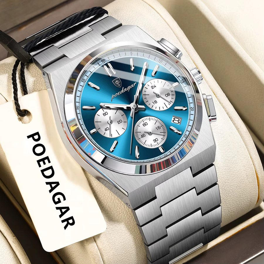 POEDAGAR Chronograph Armbanduhr, Quarz, Edelstahl, Blau, Herren - Bild 2