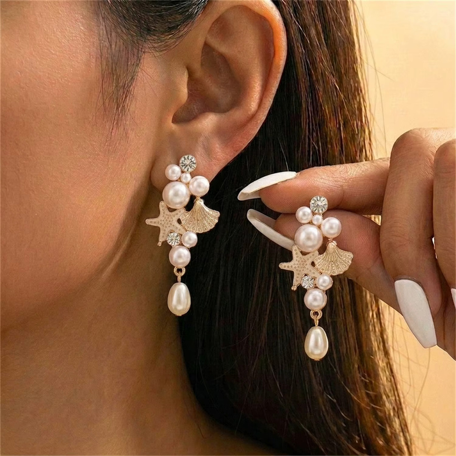 Rinhoo Ohrhänger Seestern-Muschel, Imitationsperlen, Strass, Damen - Bild 2