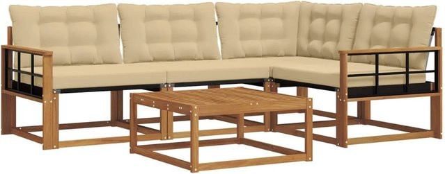 vidaXL Outdoor-Sofagarnitur 5-teilig in L-Form aus Akazienholz mit Textilene und Kissen in Natur-Beige - Bild 1