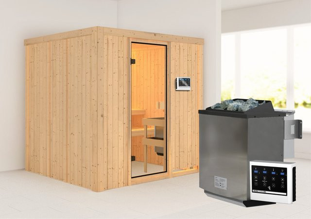 Woodfeeling Sauna Tromsö mit 9,0 kW BioKombiofen, Steuergerät und Glastür in Bronze, B/T/H: 196 x 178 x 198 cm - Bild 1