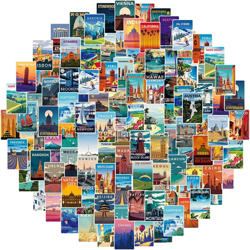 108 Stück Reisen um die Welt Landschaft Serie Aufkleber Set, Mehrfarbig, DIY Papier Aufkleber mit Motiven von Paris, Berlin, Japan, New York, Schweiz, Norwegen und Venedig - Bild 4