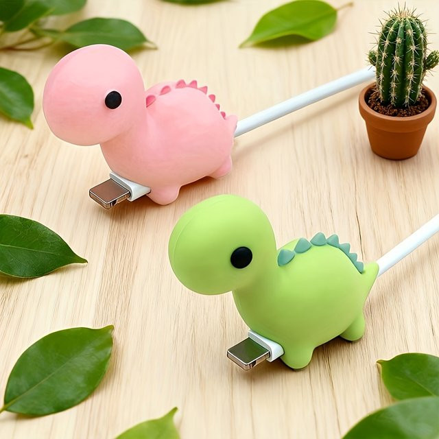 Apple Ladekabel-Steckerschutz mit Cartoon Dinosaurier in Rosa und Grün zur Vermeidung von Kabelbrüchen - Bild 1