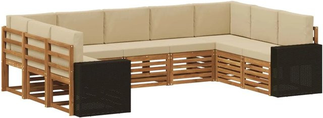 vidaXL Ecksofa Set in L-Form aus Akazienholz und Polyester in Natur-Beige mit Kissen und Armlehnen - Bild 1
