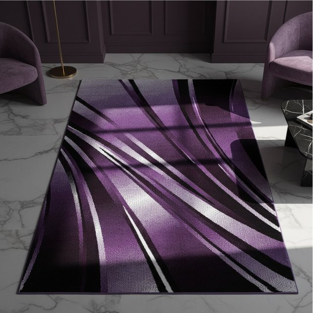 Kadima Design Kurzflor Teppich DRAU in Violett mit abstraktem Wellenmuster, B: 140 cm, L: 200 cm - Bild 1
