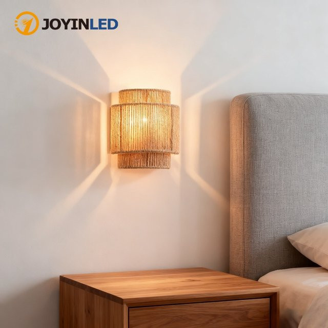 JOYINLED Wabi-sabi Retro Wandlampe aus Rattan mit E27 Fassung für Wohnzimmer, Schlafzimmer und Flur, Warmweiß - Bild 1