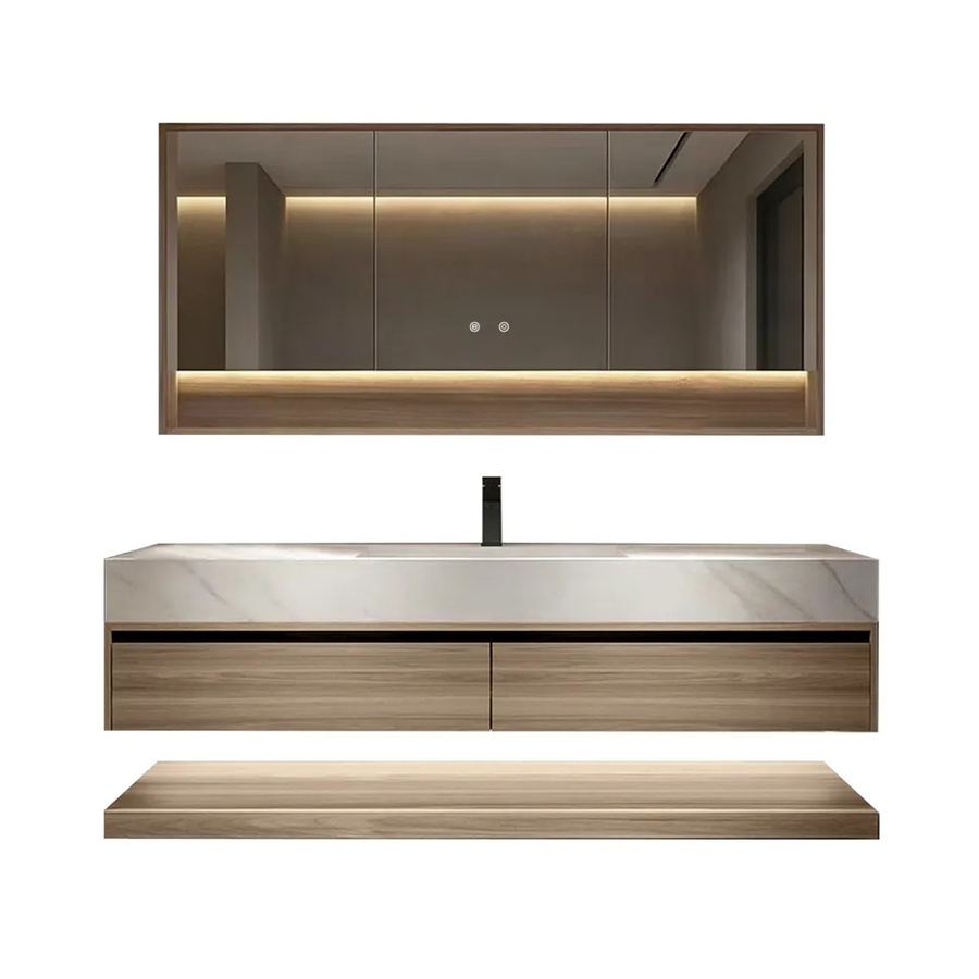 360Home Badezimmer Waschbecken Set mit Sinterstein Waschbecken, Unterschrank in Holzmaserung und Spiegelschrank mit LED-Beleuchtung, Weiß, B: 120 cm, T: 55 cm, H: 70 cm - Bild 2