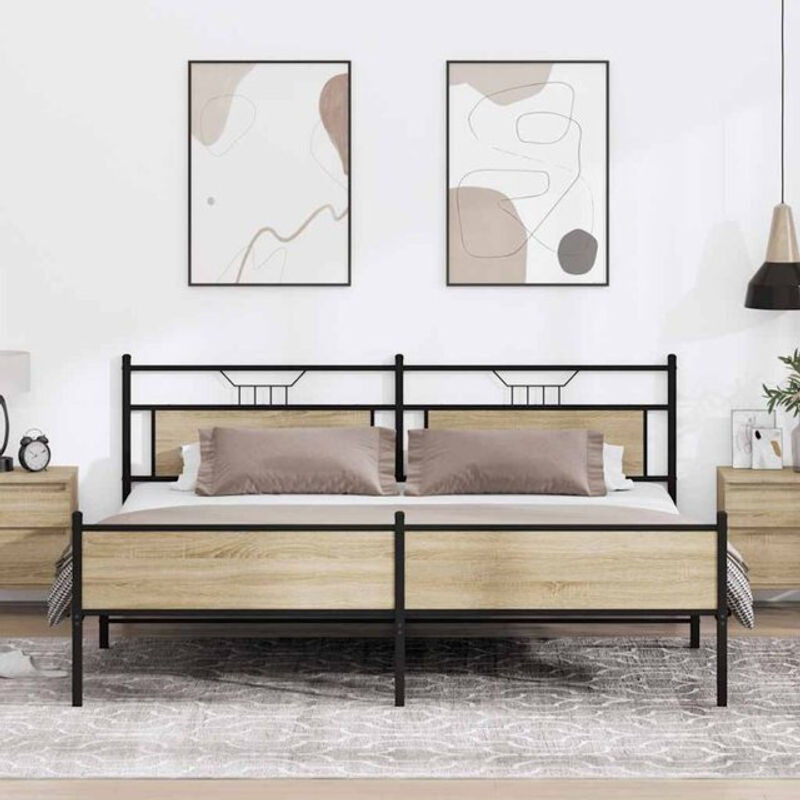 Metallbett Vidaxl im Industrial Design aus Metall und Holzwerkstoff in Sonoma-Eiche Natur, B/T/H: 193 x 201 x 91,5 cm - Bild 1