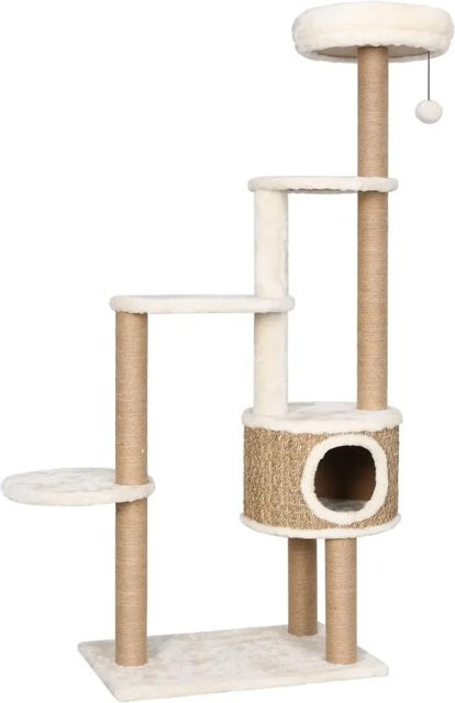 vidaXL Katzen-Kratzbaum beige mit Höhle, integriertem Spielzeug und Seegras, Höhe: 148 cm, Breite: 40 cm, Tiefe: 40 cm - Bild 1