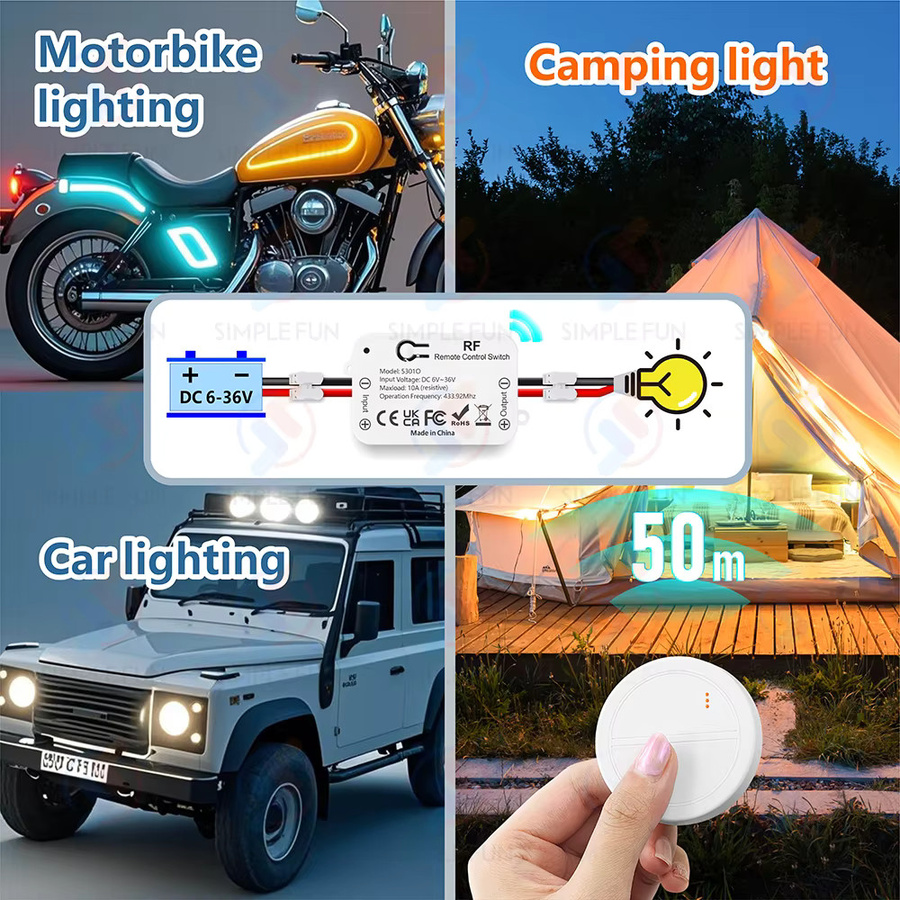 SLMPLEFUN Drahtloser RF 433 MHz Lichtschalter mit Mini Runde Fernbedienung, DC 6V 12V 24V 36V 10A Relais für LED, Pumpe, Lüfter und Magnetschloss, Farbe: Weiß - Bild 3