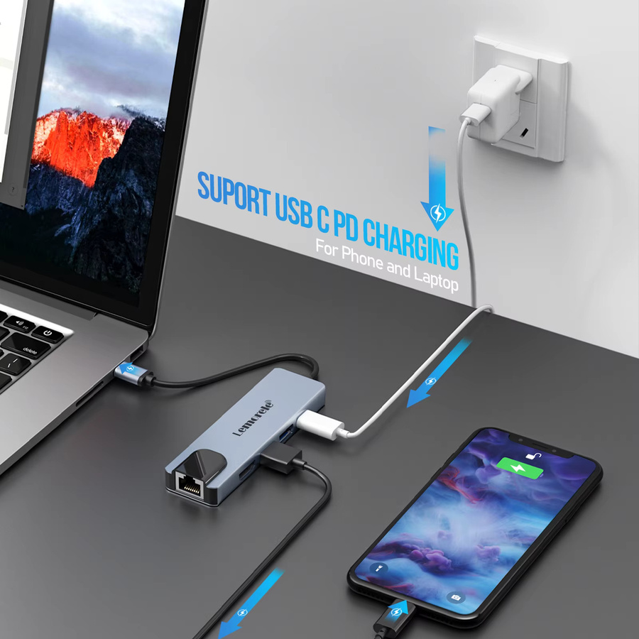 Lemorele TC15 USB-C Dockingstation mit 5 Ports USB 3.0 und HDMI 4K@30Hz Hub Splitter für Laptop und Drucker - Bild 1