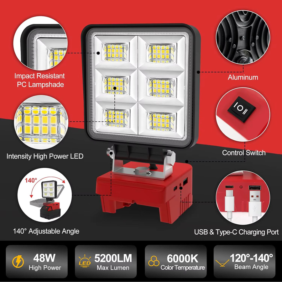 Milwaukee Tragbares LED-Arbeitslicht mit 6000 K Kaltweiß, kabelloser wiederaufladbarer Notfall-Camping-Scheinwerfer und Flutlicht für Milwaukee-Akkus - Bild 3