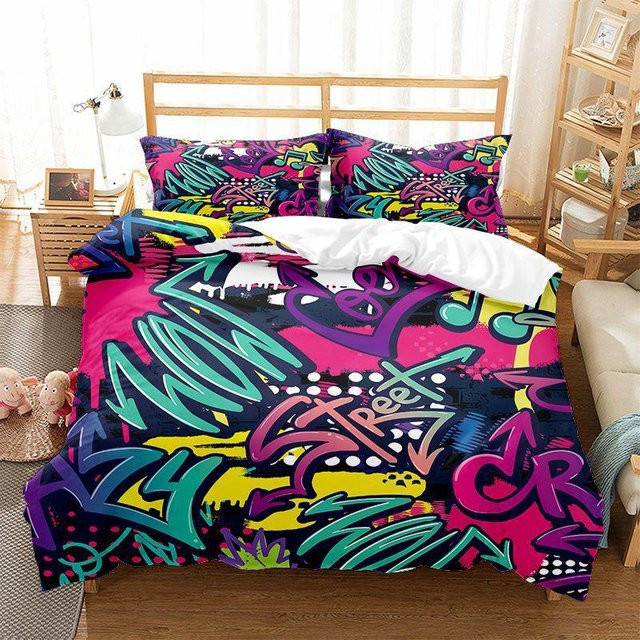 Graffiti Bettwäscheset mit Kissenbezug im Hip Hop Stil, Mehrfarbig, Polyester, B/H: 140 x 210 cm - Bild 1