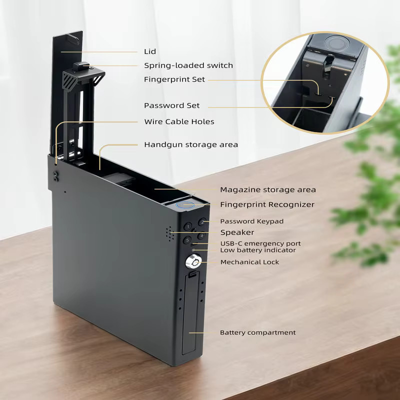 Biometrischer Waffenschrank für den Nachttisch mit Fingerabdruck, PIN-Code und Schlüssel in Schwarz, B/T/H: 23,7 x 22,2 x 23,7 cm - Bild 4