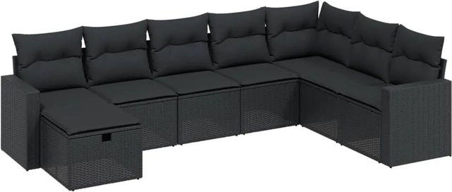 vidaXL 8-tlg Garten-Sofagarnitur in L-Form aus Poly Rattan und Metall mit Kissen in Schwarz - Bild 1